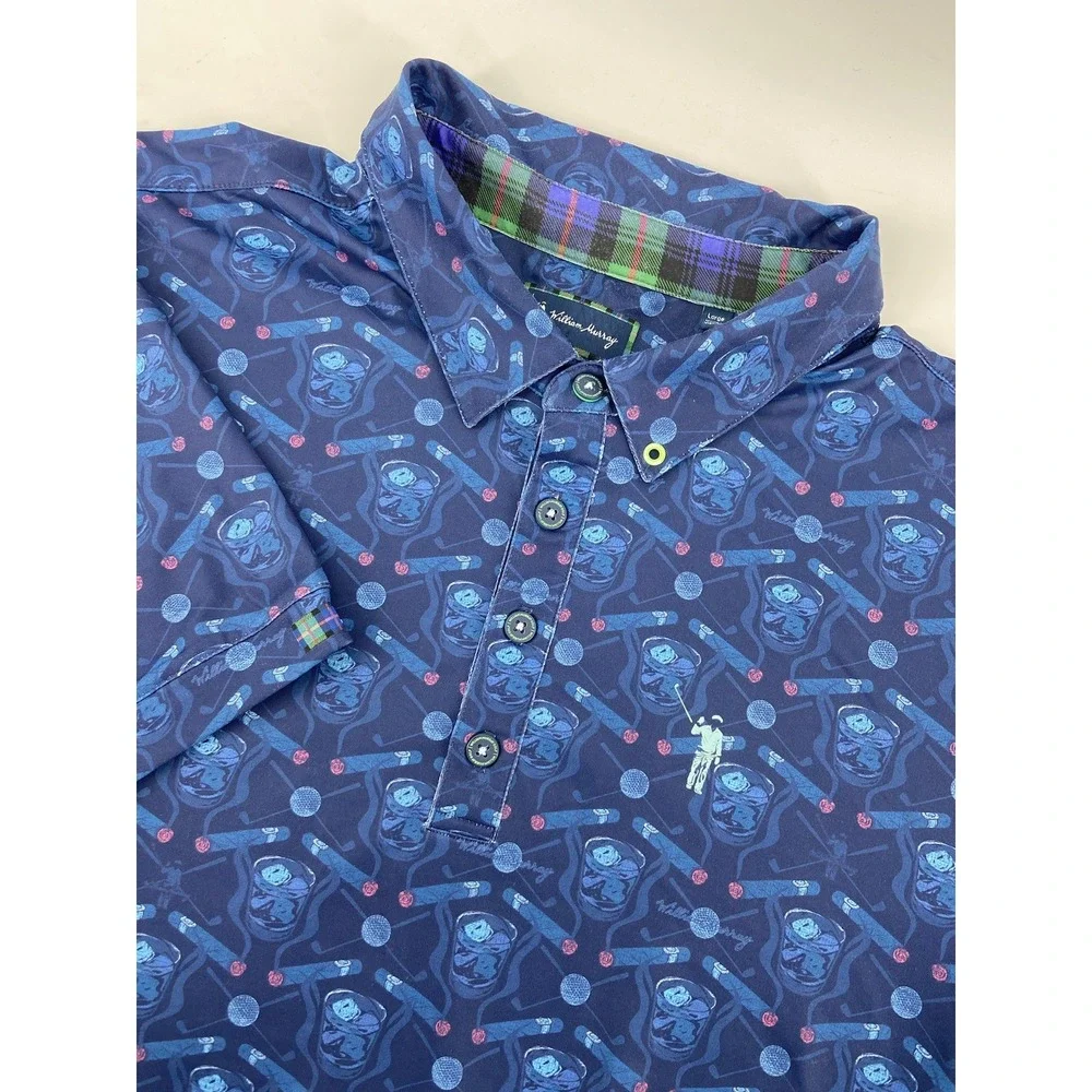 William Murray Shirt Mens Large Blue Polo Golf Whiskey Cigar Performance Stretch